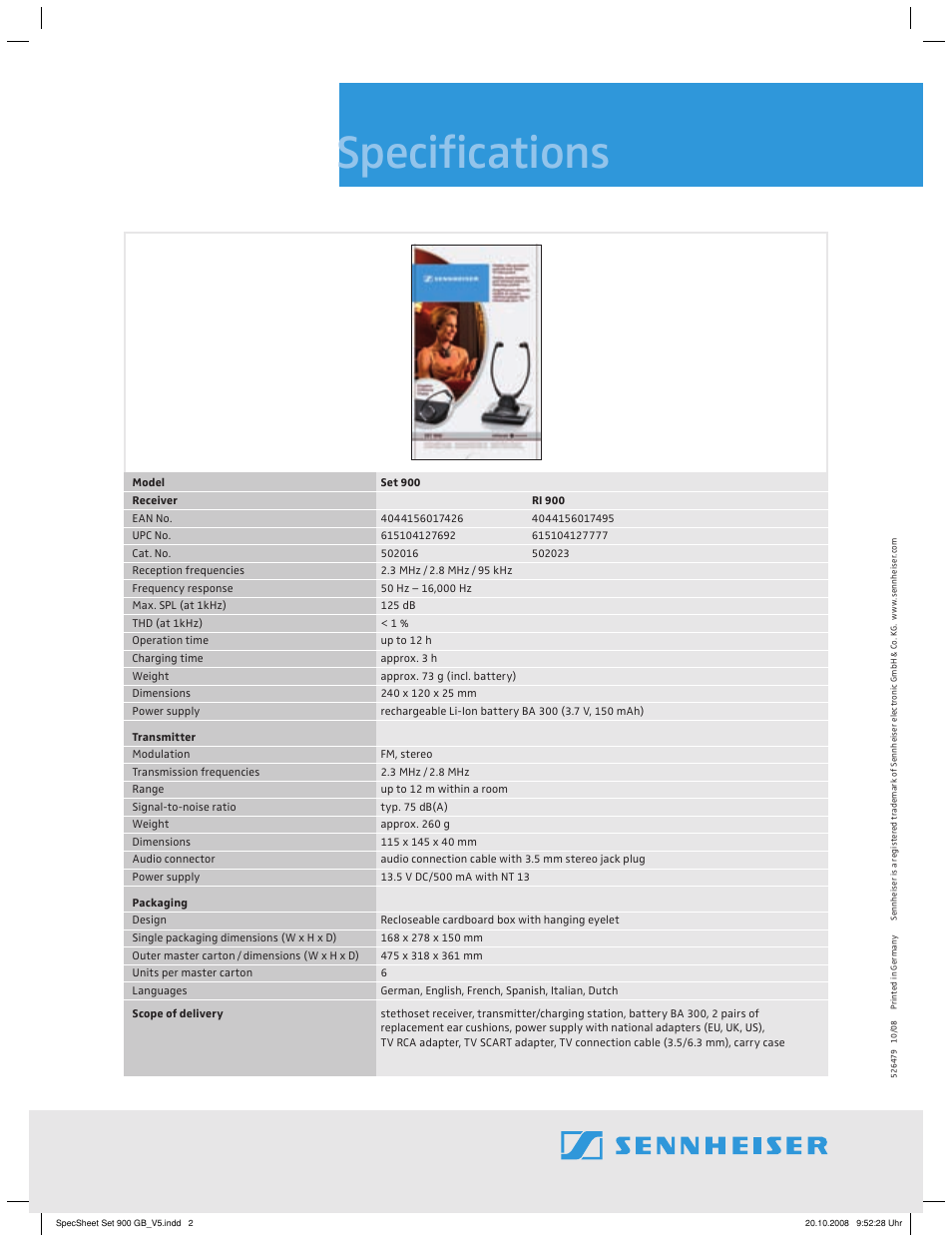 Speciﬁ cations | Sennheiser BW Set 900 User Manual | Page 2 / 2