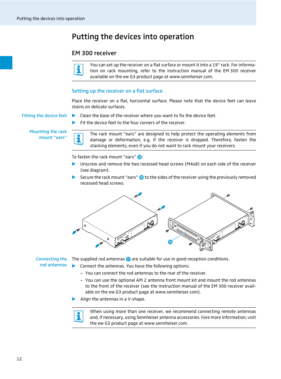 Putting the devices into operation, Em 300 receiver, Setting up the receiver on a flat surface | Fitting the device feet, Mounting the rack mount “ears, Connecting the rod antennas | Sennheiser EvolutionWireless EW 300 Series User Manual | Page 14 / 42
