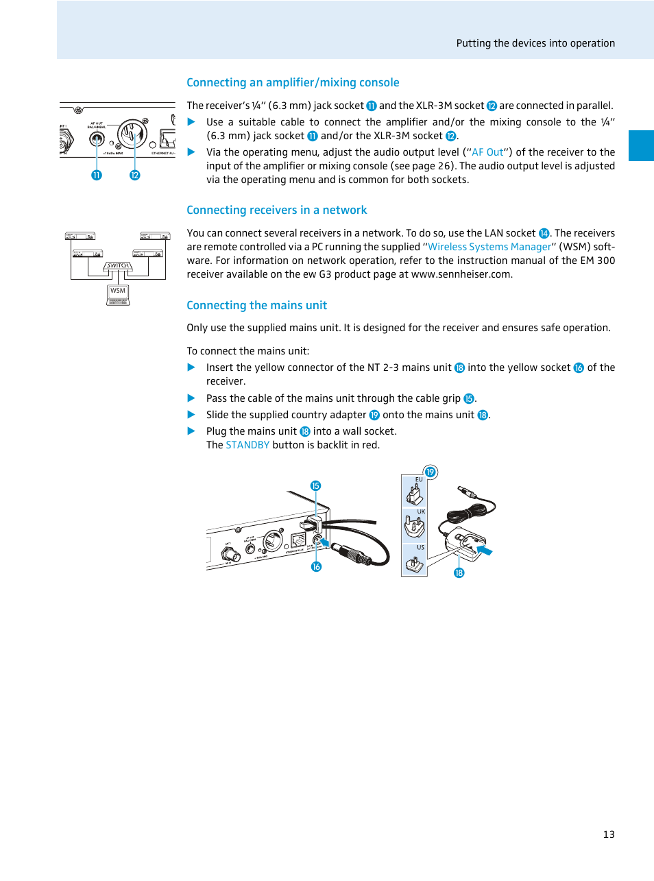 Connecting an amplifier/mixing console, Connecting receivers in a network, Connecting the mains unit | Sennheiser EvolutionWireless EW 300 Series User Manual | Page 15 / 42