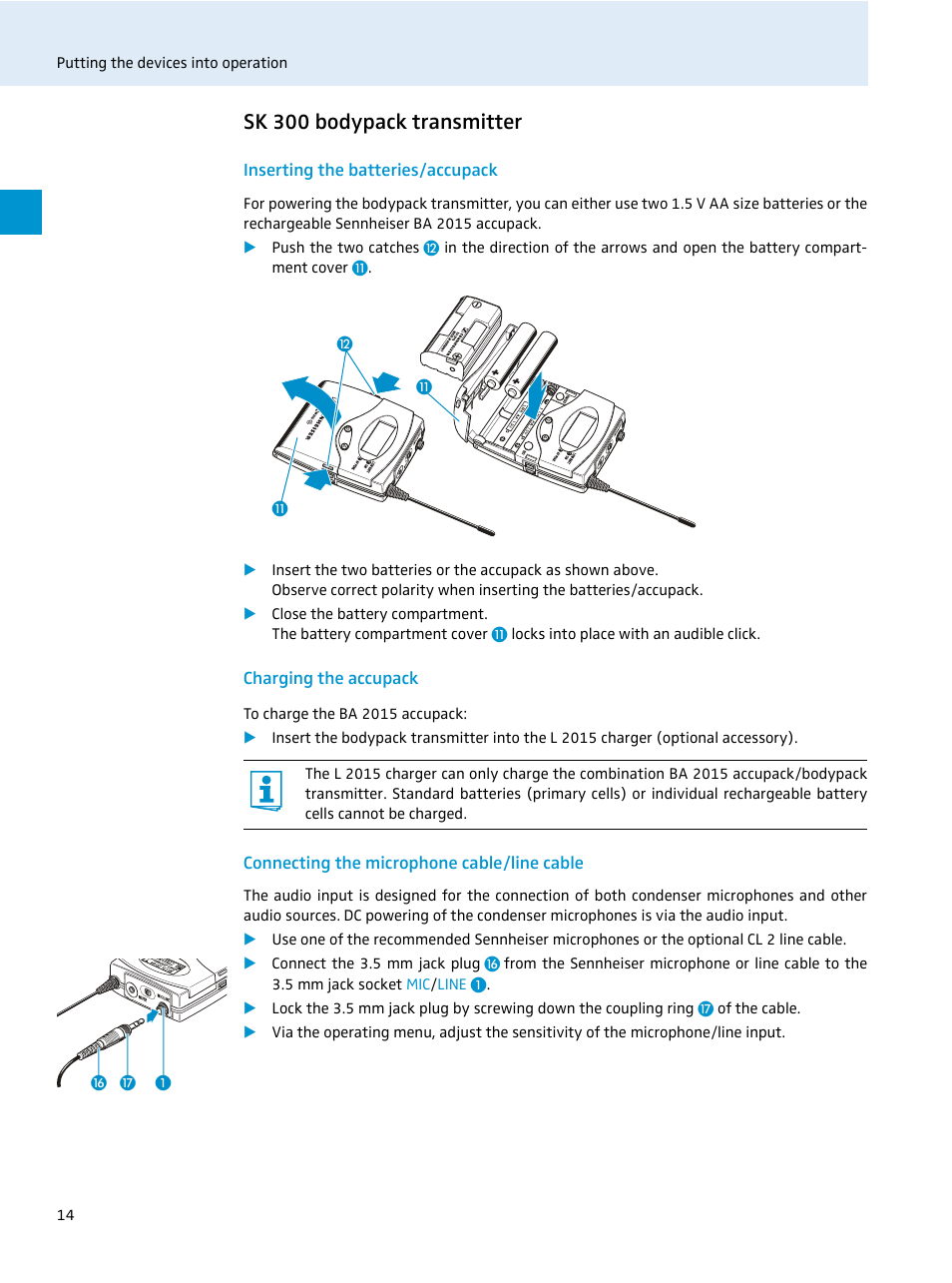 Sk 300 bodypack transmitter, Inserting the batteries/accupack, Charging the accupack | Connecting the microphone cable/line cable | Sennheiser EvolutionWireless EW 300 Series User Manual | Page 16 / 42