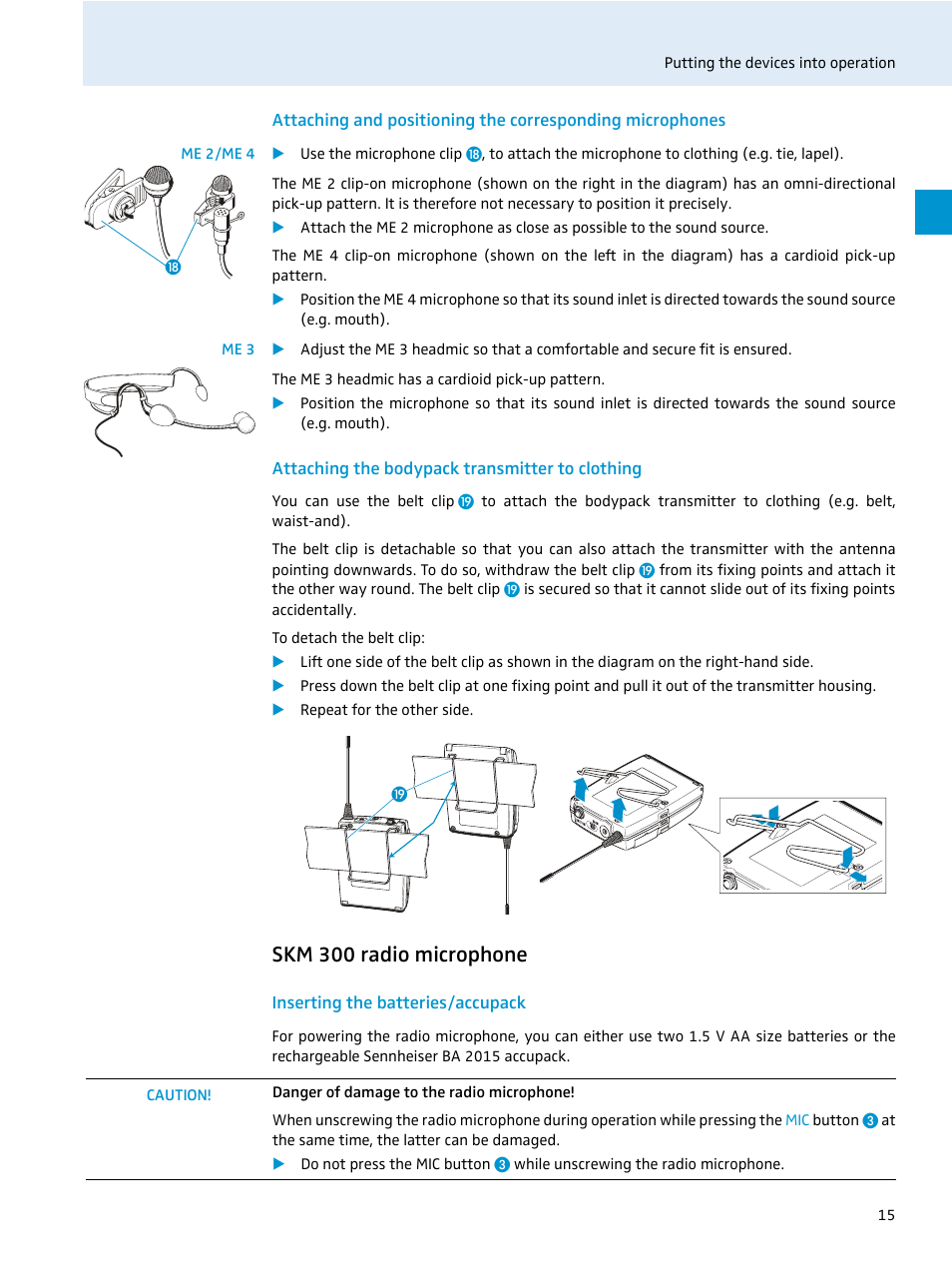 Me 2/me 4, Me 3, Attaching the bodypack transmitter to clothing | Skm 300 radio microphone, Inserting the batteries/accupack | Sennheiser EvolutionWireless EW 300 Series User Manual | Page 17 / 42