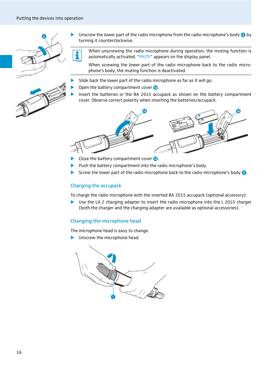 Charging the accupack, Changing the microphone head | Sennheiser EvolutionWireless EW 300 Series User Manual | Page 18 / 42