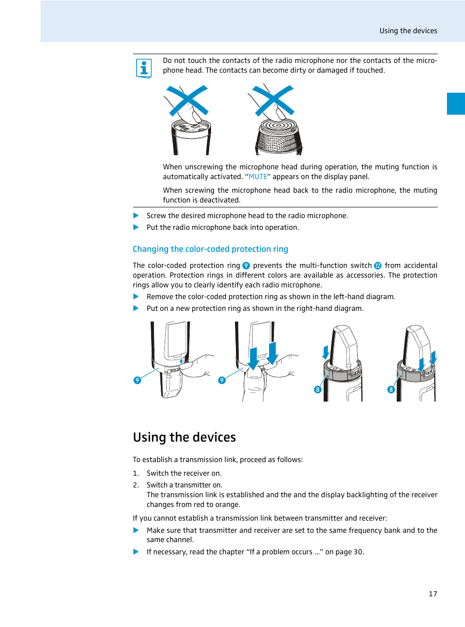 Changing the color-coded protection ring, Using the devices | Sennheiser EvolutionWireless EW 300 Series User Manual | Page 19 / 42