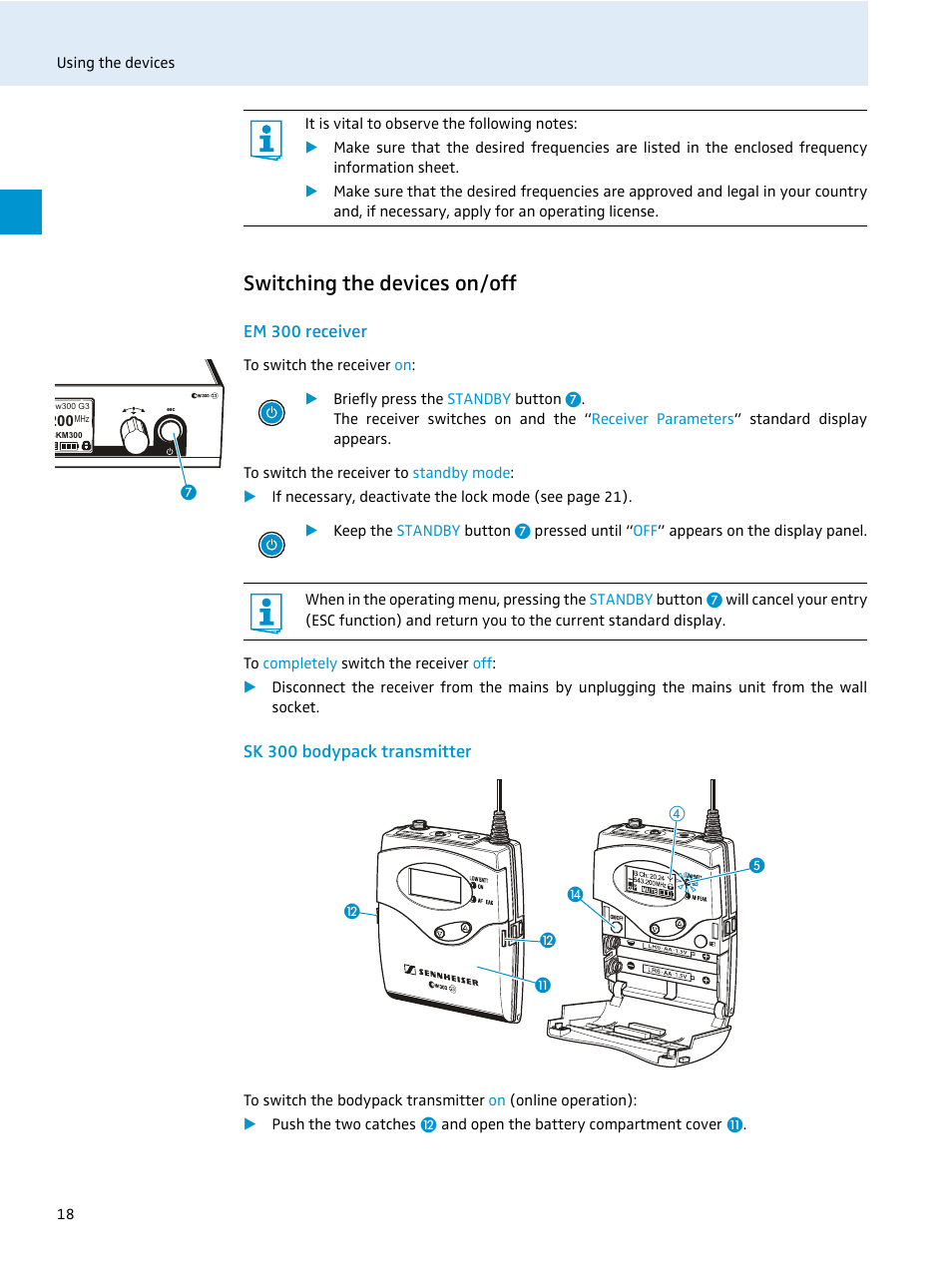 Switching the devices on/off, Em 300 receiver, Sk 300 bodypack transmitter | Sennheiser EvolutionWireless EW 300 Series User Manual | Page 20 / 42