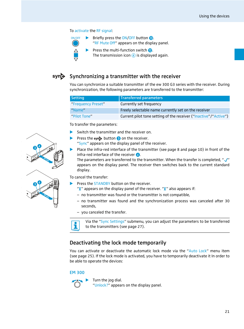 Synchronizing a transmitter with the receiver, Deactivating the lock mode temporarily, Em 300 | Sennheiser EvolutionWireless EW 300 Series User Manual | Page 23 / 42