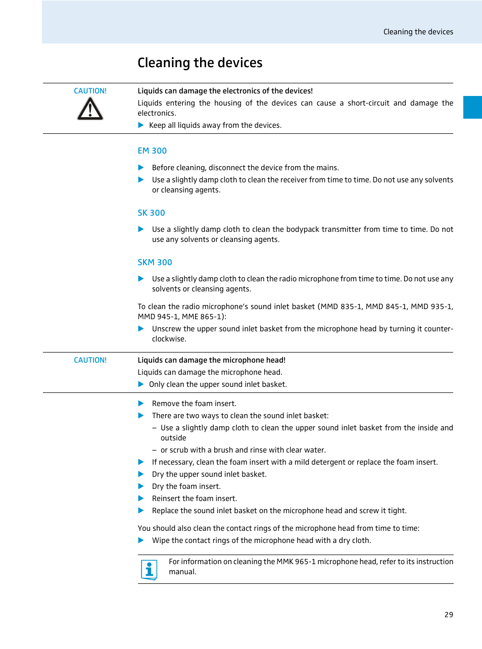 Cleaning the devices, Em 300, Sk 300 | Skm 300 | Sennheiser EvolutionWireless EW 300 Series User Manual | Page 31 / 42