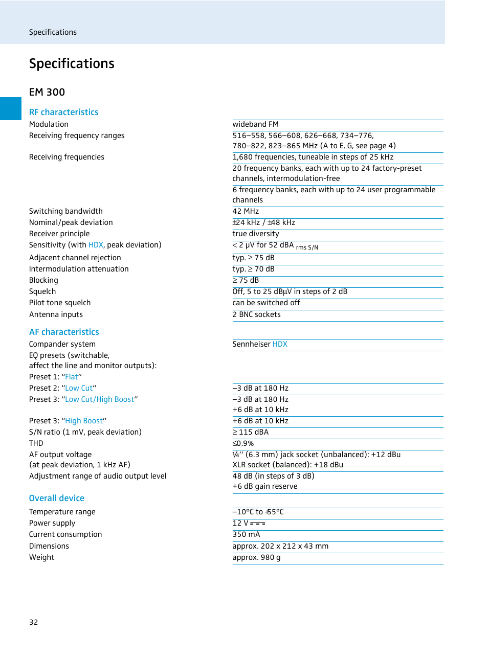 Specifications, Em 300, Rf characteristics | Af characteristics, Overall device | Sennheiser EvolutionWireless EW 300 Series User Manual | Page 34 / 42