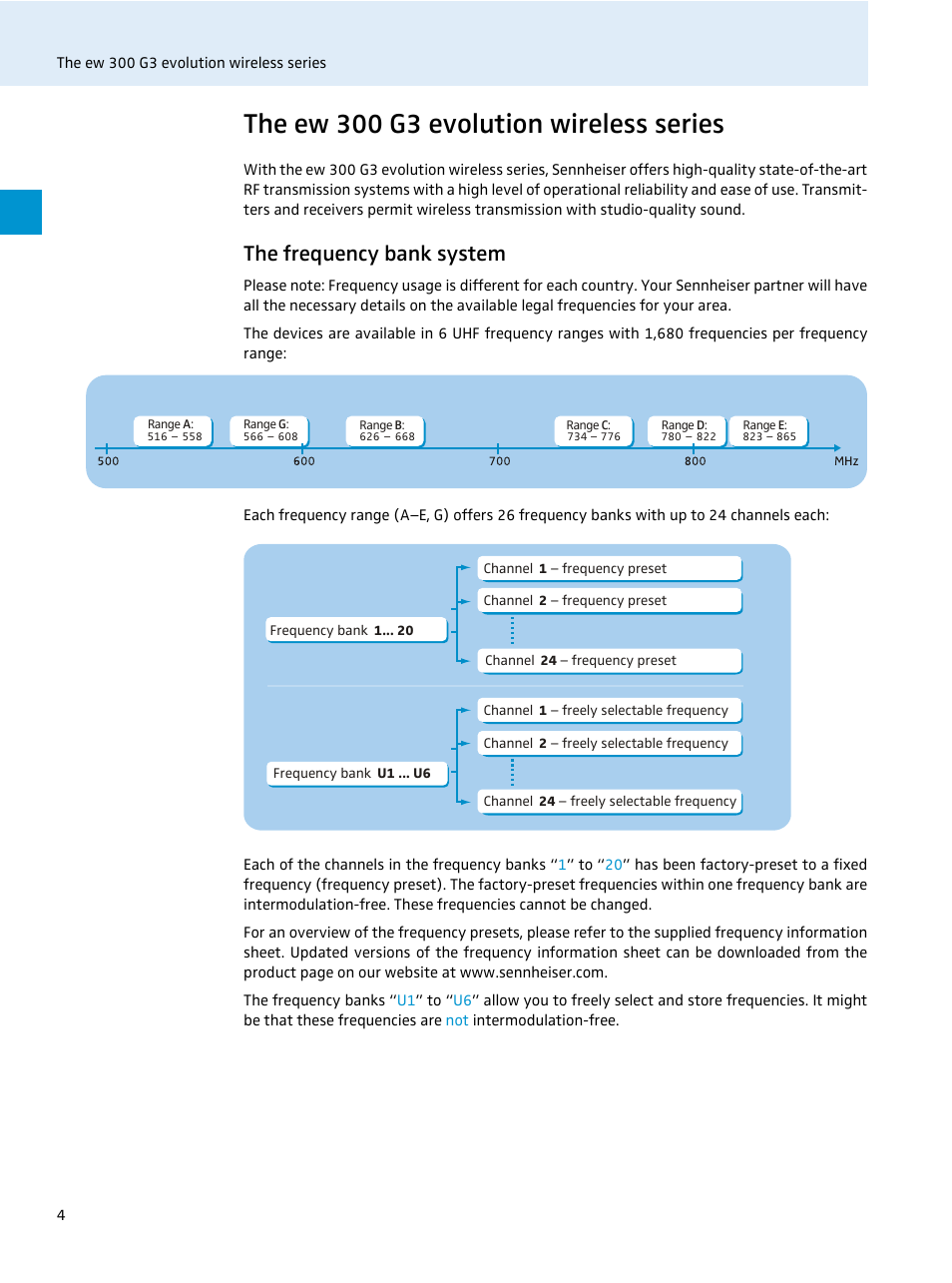 The ew 300 g3 evolution wireless series, The frequency bank system | Sennheiser EvolutionWireless EW 300 Series User Manual | Page 6 / 42