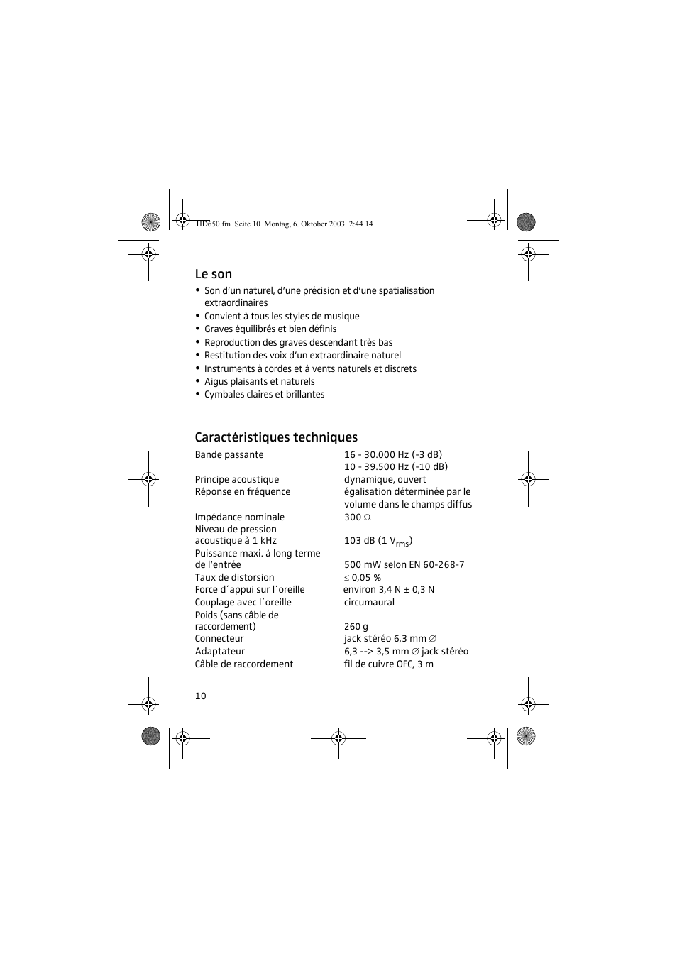 Le son, Caractéristiques techniques | Sennheiser HD 650 User Manual | Page 10 / 24