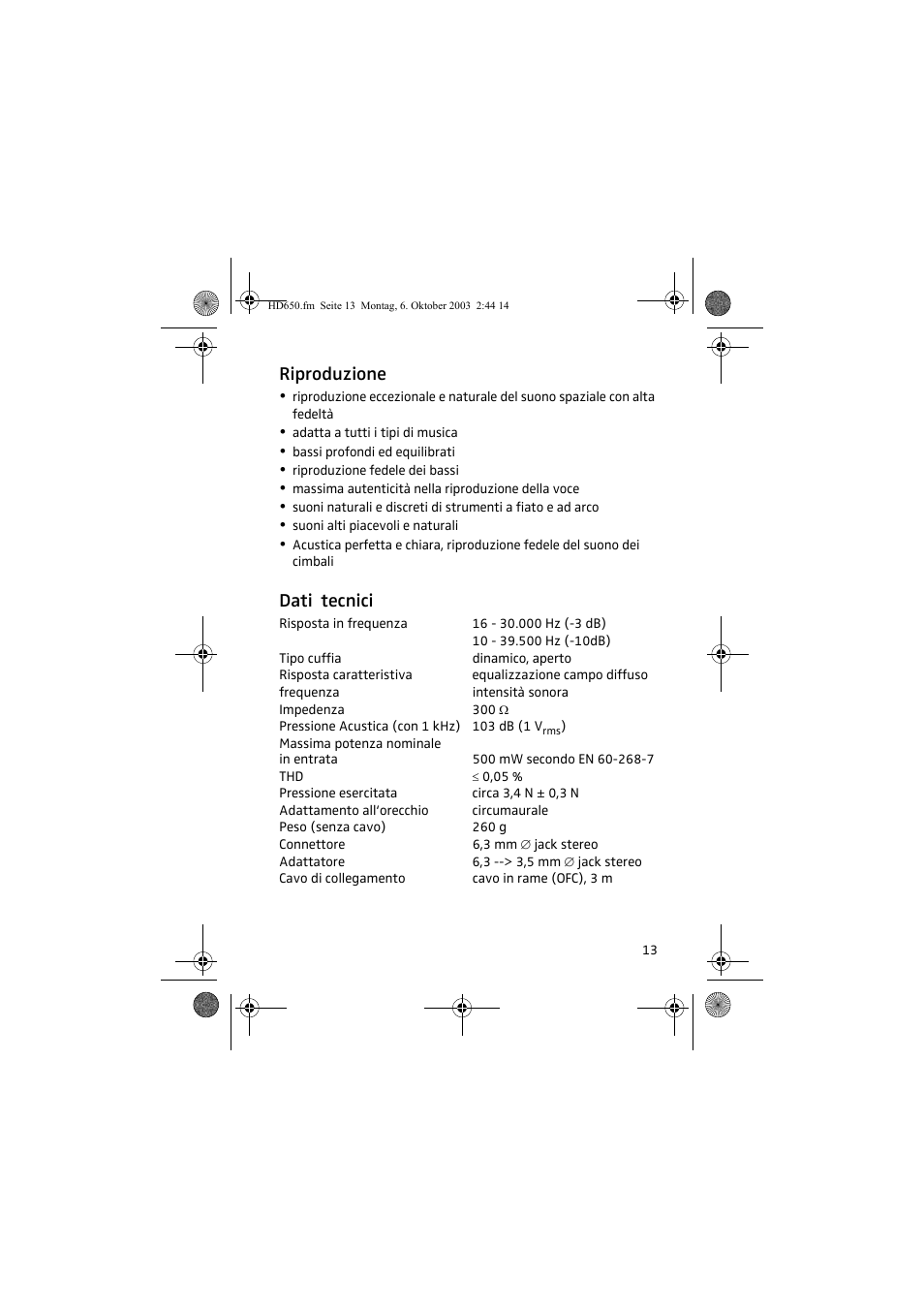 Riproduzione, Dati tecnici | Sennheiser HD 650 User Manual | Page 13 / 24