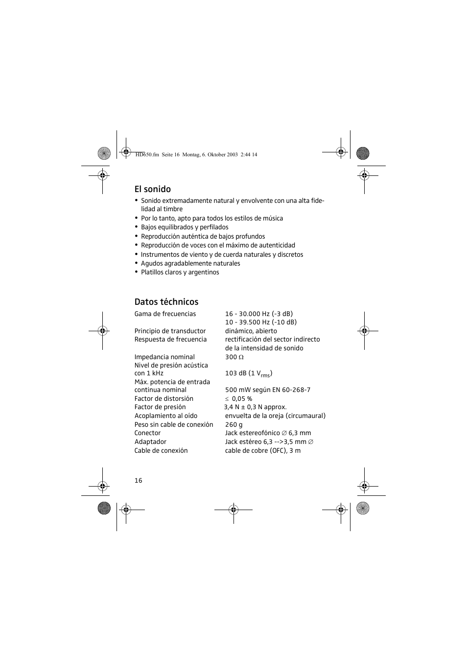 El sonido, Datos téchnicos | Sennheiser HD 650 User Manual | Page 16 / 24
