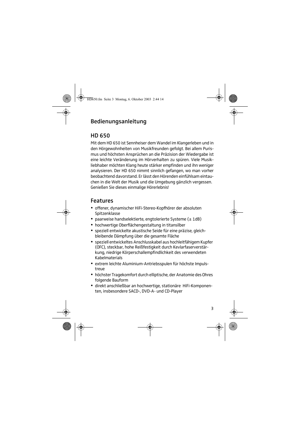 Bedienungsanleitung hd 650, Features | Sennheiser HD 650 User Manual | Page 3 / 24