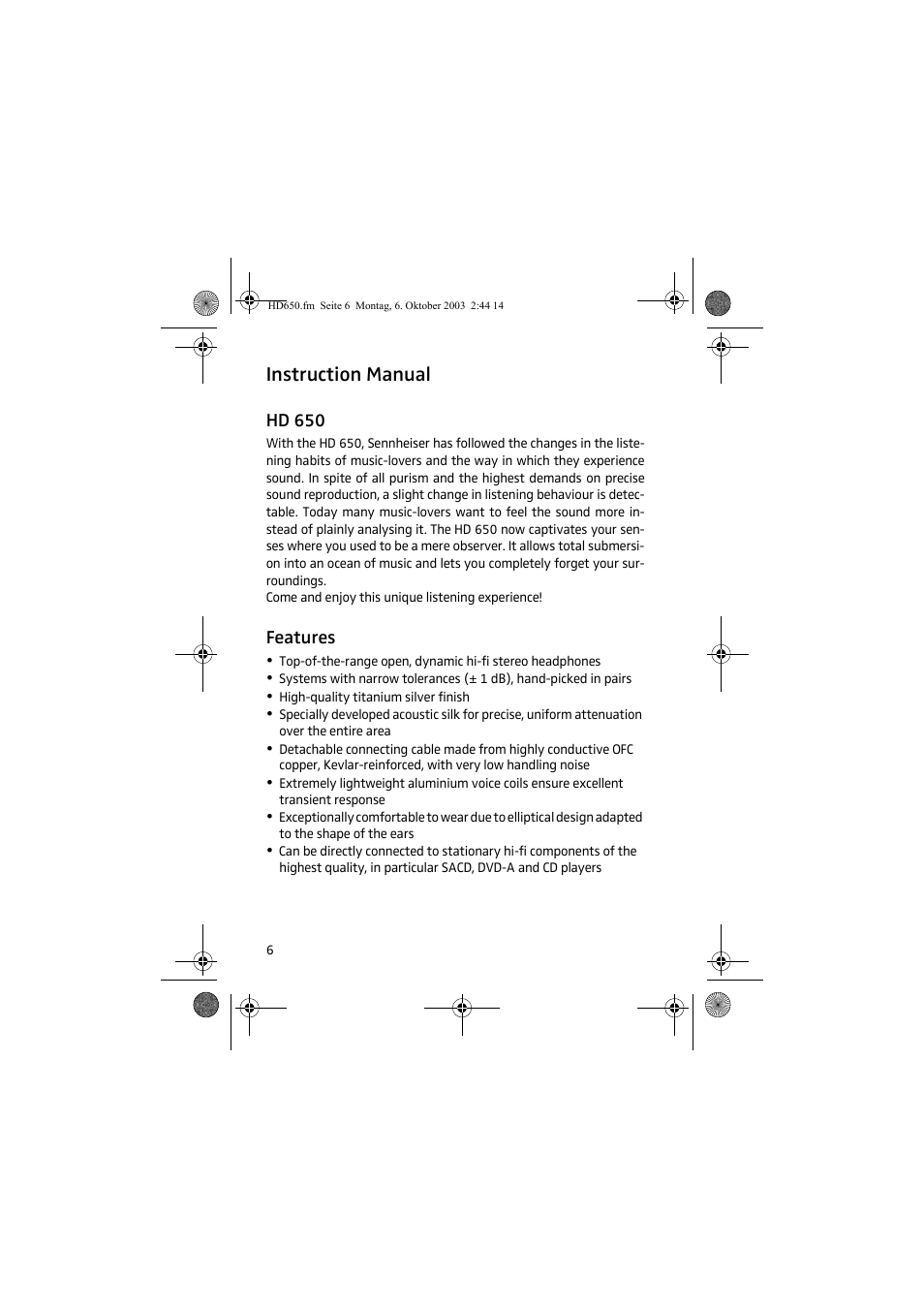 Instruction manual, Hd 650, Features | Sennheiser HD 650 User Manual | Page 6 / 24