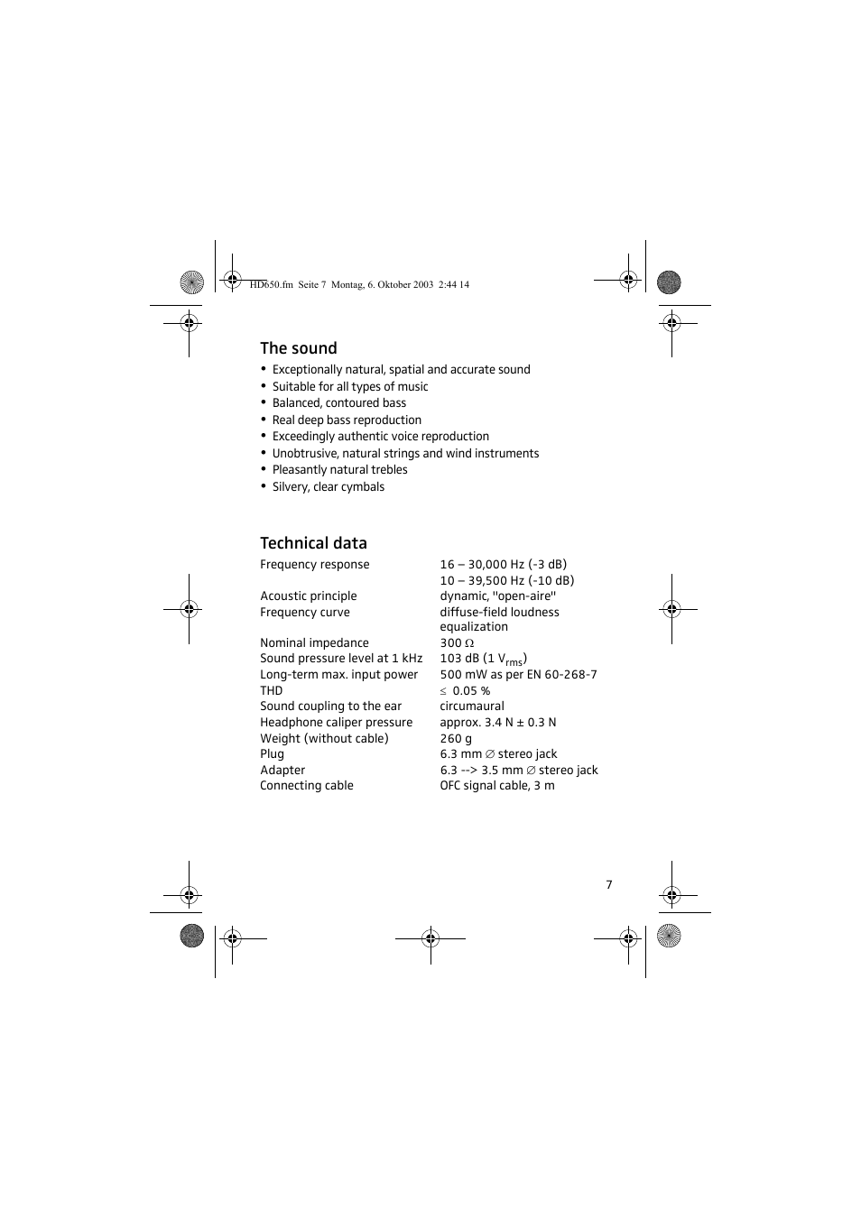 The sound, Technical data | Sennheiser HD 650 User Manual | Page 7 / 24