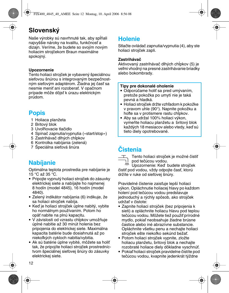 Slovensk, Popis, Nabíjanie | Holenie, Âistenia | Braun 4840 SmartControl3 User Manual | Page 12 / 35