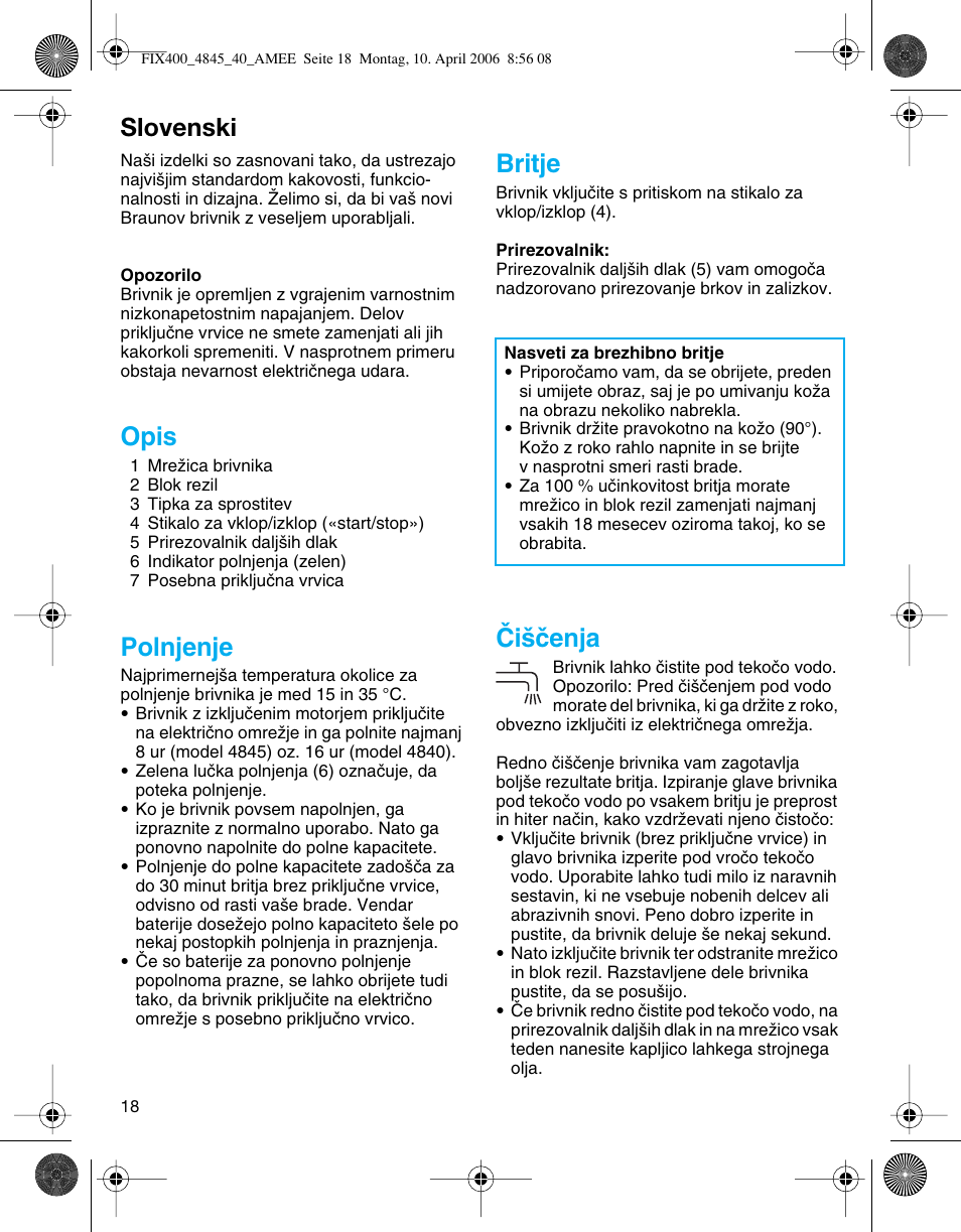 Slovenski, Opis, Polnjenje | Britje, Âi‰ãenja | Braun 4840 SmartControl3 User Manual | Page 18 / 35