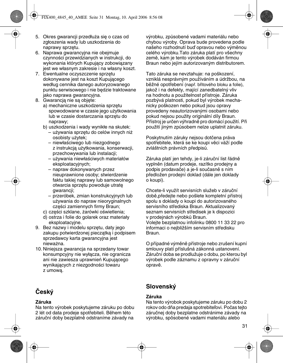 Âesk, Slovensk | Braun 4840 SmartControl3 User Manual | Page 31 / 35
