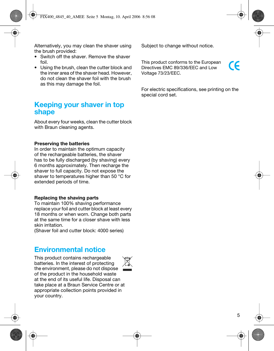 Keeping your shaver in top shape, Environmental notice | Braun 4840 SmartControl3 User Manual | Page 5 / 35