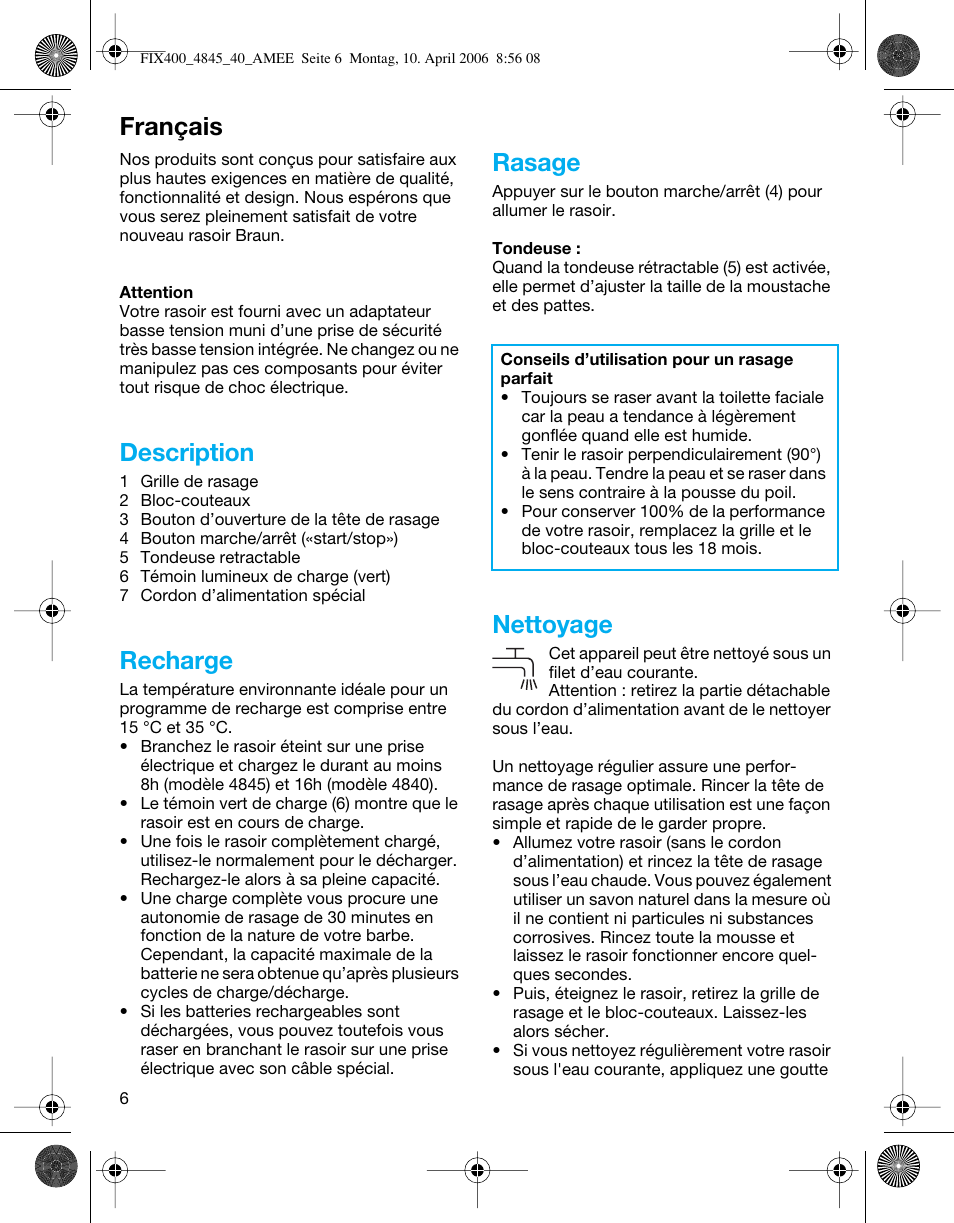 Français, Description, Recharge | Rasage, Nettoyage | Braun 4840 SmartControl3 User Manual | Page 6 / 35