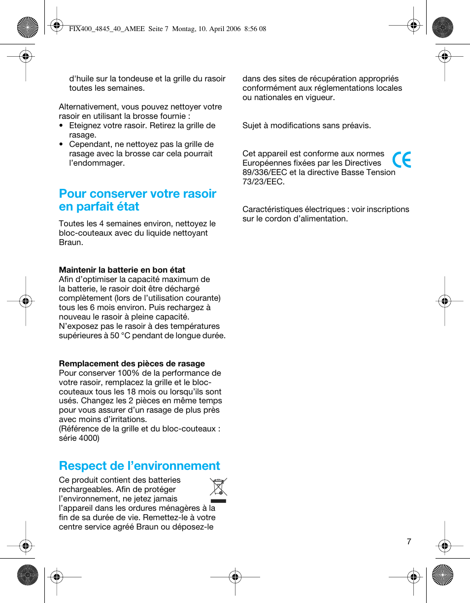 Pour conserver votre rasoir en parfait état, Respect de l’environnement | Braun 4840 SmartControl3 User Manual | Page 7 / 35