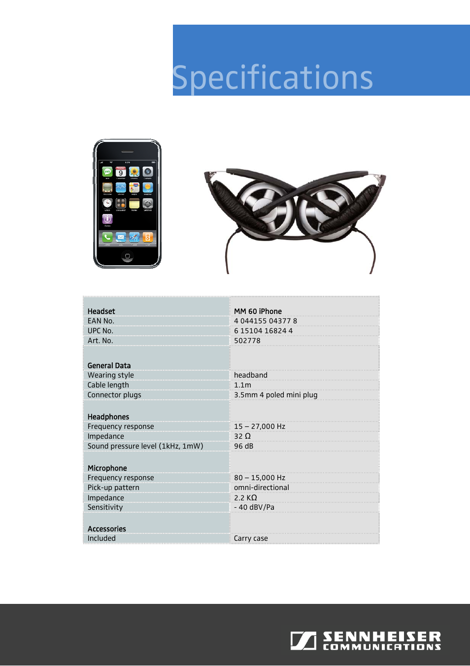 Specifications | Sennheiser MM 60 iPhone User Manual | Page 2 / 2