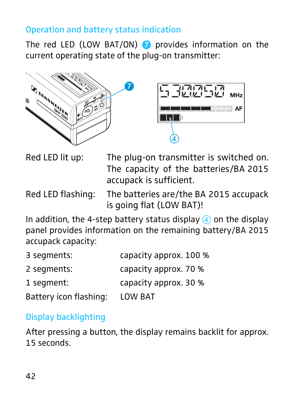 Operation and battery status indication, Display backlighting | Sennheiser SKP 3000 User Manual | Page 10 / 34