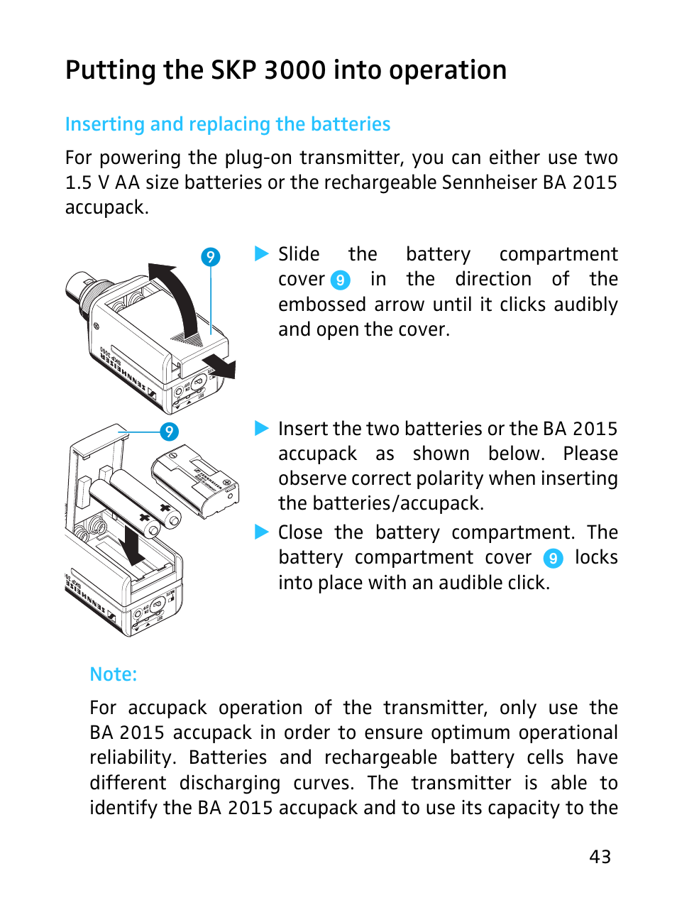 Putting the skp 3000 into operation, Inserting and replacing the batteries | Sennheiser SKP 3000 User Manual | Page 11 / 34