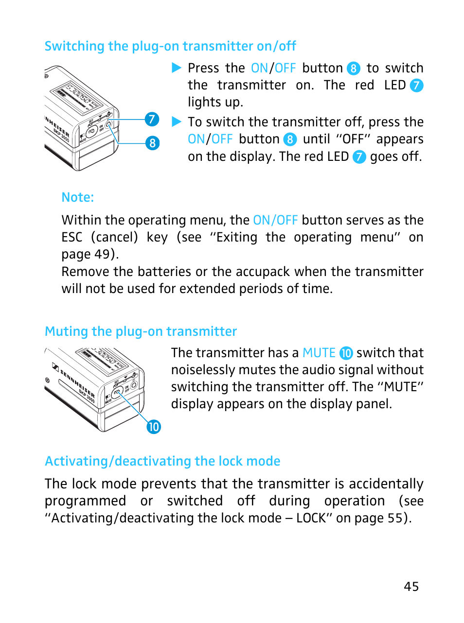 Switching the plug-on transmitter on/off, Muting the plug-on transmitter, Activating/deactivating the lock mode | Sennheiser SKP 3000 User Manual | Page 13 / 34