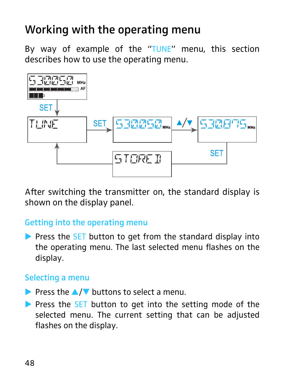 Working with the operating menu, Getting into the operating menu, Selecting a menu | Sennheiser SKP 3000 User Manual | Page 16 / 34