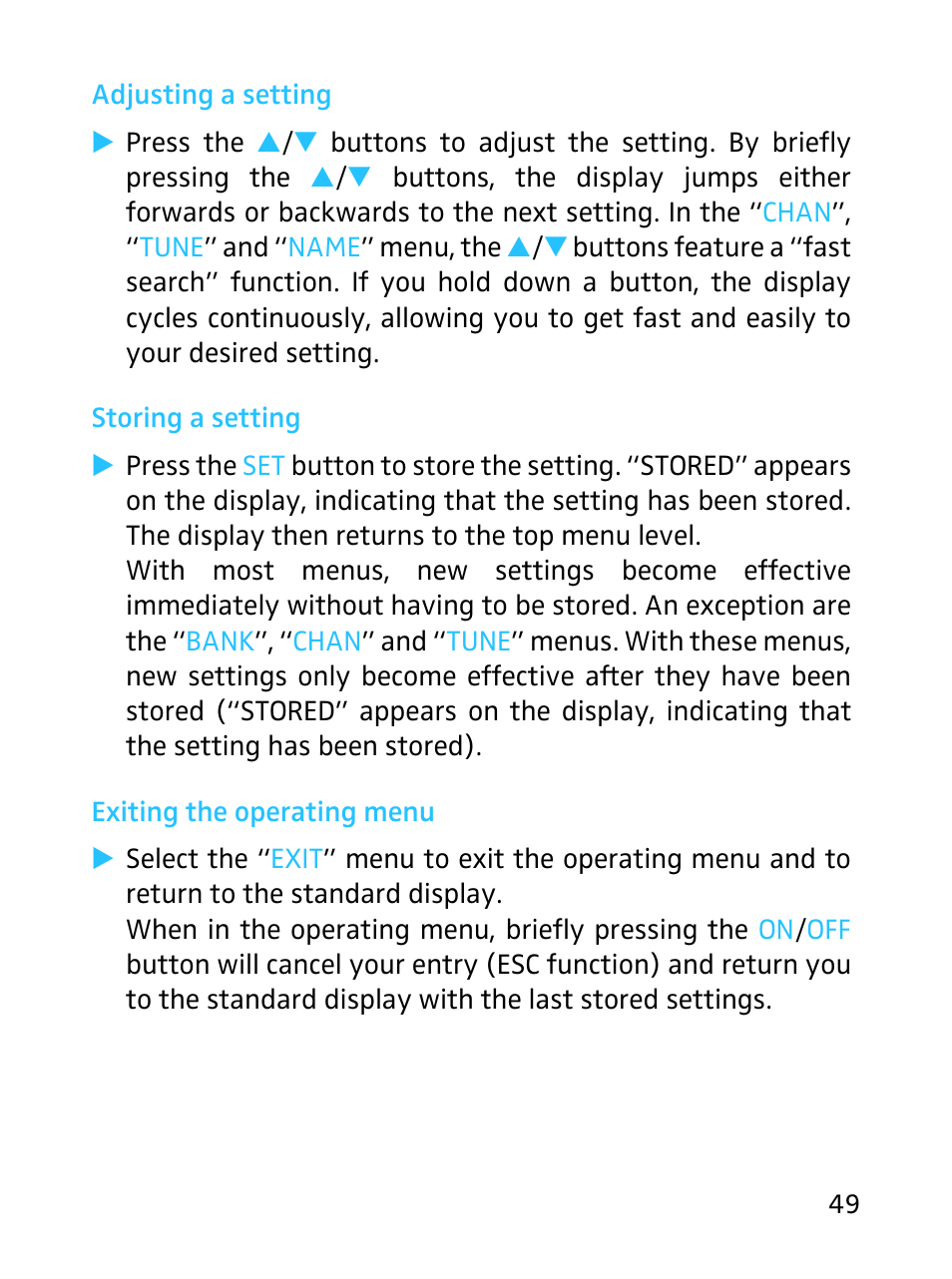 Adjusting a setting, Storing a setting, Exiting the operating menu | Sennheiser SKP 3000 User Manual | Page 17 / 34