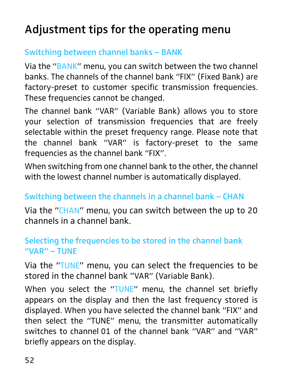 Adjustment tips for the operating menu, Switching between channel banks - bank | Sennheiser SKP 3000 User Manual | Page 20 / 34