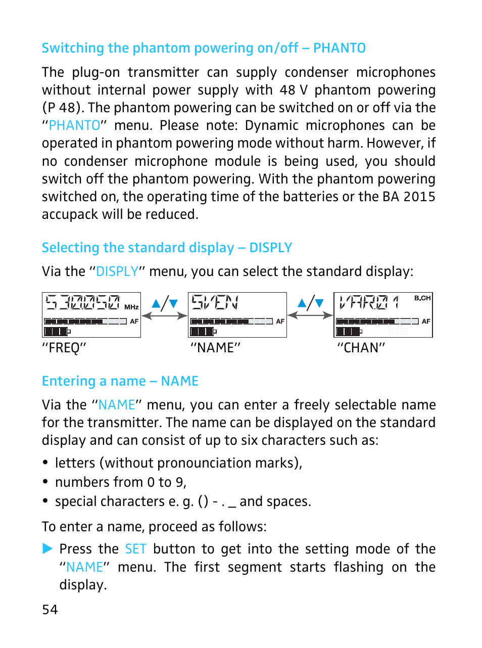 Switching the phantom powering on/off - phanto, Selecting the standard display - disply, Entering a name - name | Sennheiser SKP 3000 User Manual | Page 22 / 34