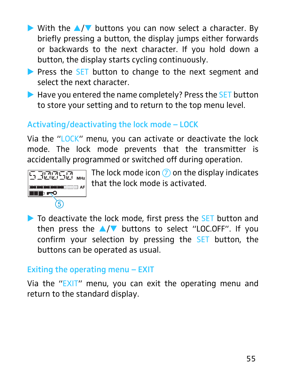 Activating/deactivating the lock mode - lock, Exiting the operating menu - exit | Sennheiser SKP 3000 User Manual | Page 23 / 34