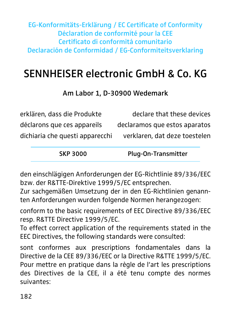 Ec certifcate of confirmity, Sennheiser electronic gmbh & co. kg | Sennheiser SKP 3000 User Manual | Page 30 / 34