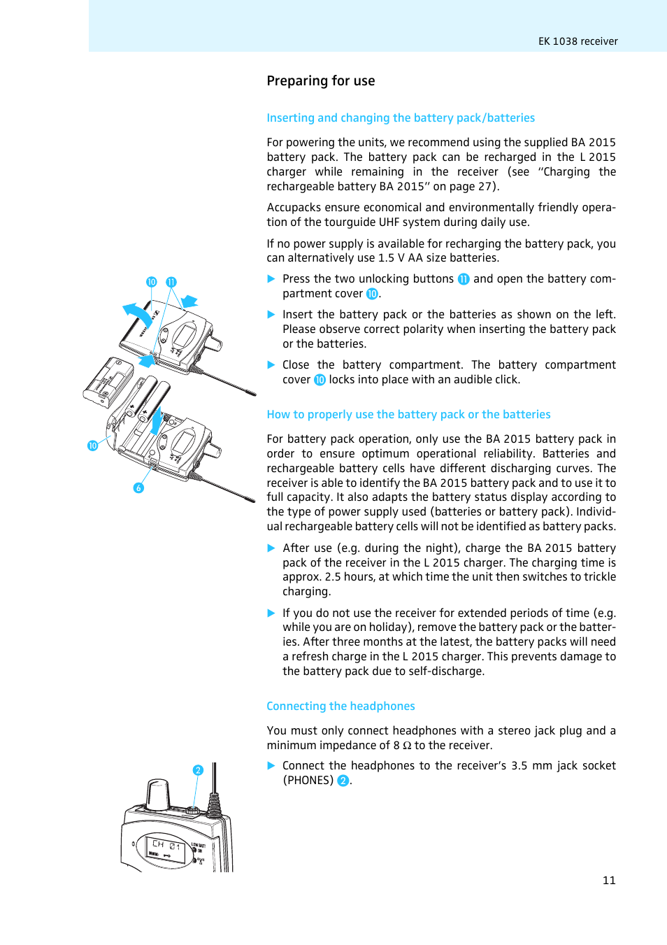 Preparing for use, Inserting and changing the battery pack/batteries, Connecting the headphones | Sennheiser LV308 User Manual | Page 11 / 60