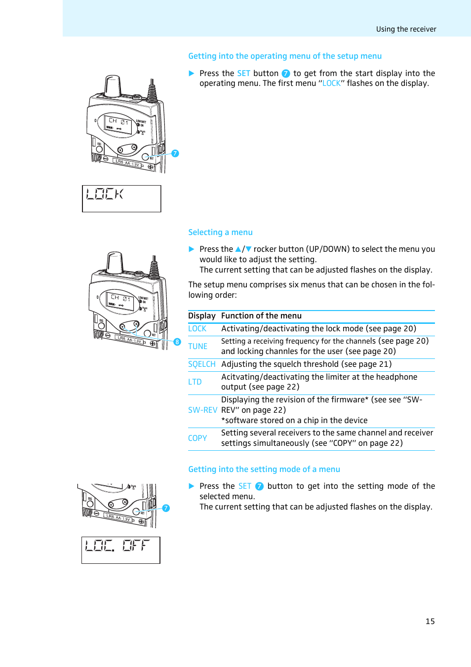 Getting into the operating menu of the setup menu, Selecting a menu, Getting into the setting mode of a menu | Sennheiser LV308 User Manual | Page 15 / 60