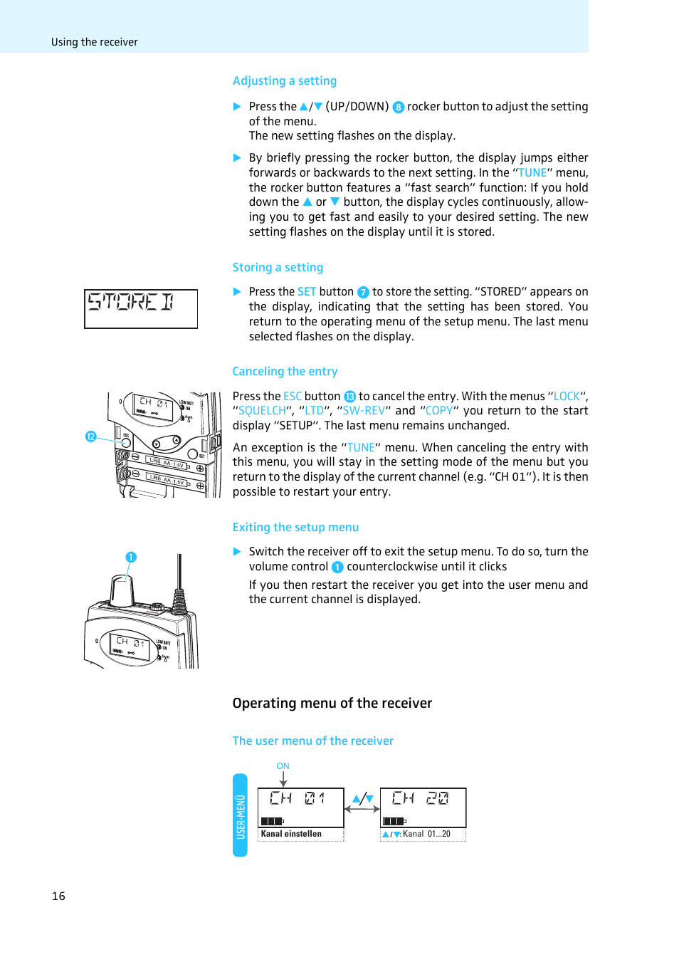 Adjusting a setting, Storing a setting, Canceling the entry | Exiting the setup menu, Operating menu of the receiver, The user menu of the receiver | Sennheiser LV308 User Manual | Page 16 / 60
