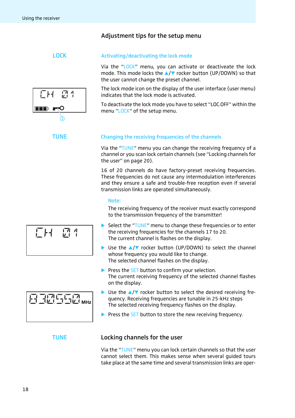Adjustment tips for the setup menu, Activating/deactivating the lock mode, Changing the receiving frequencies of the channels | Locking channels for the user | Sennheiser LV308 User Manual | Page 18 / 60
