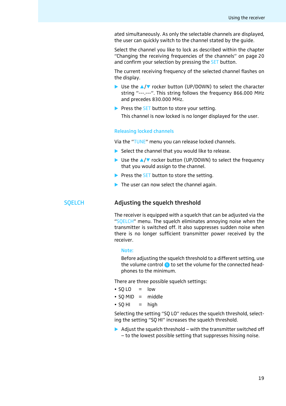 Releasing locked channels, Adjusting the squelch threshold | Sennheiser LV308 User Manual | Page 19 / 60