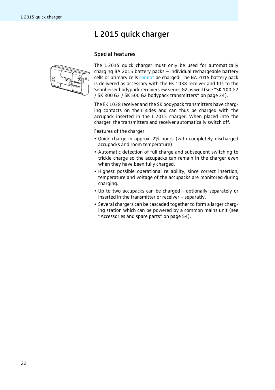 L 2015 quick charger, Special features | Sennheiser LV308 User Manual | Page 22 / 60