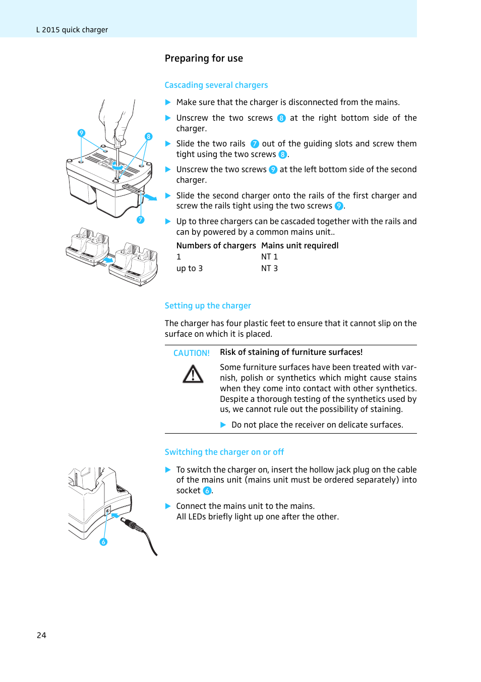 Preparing for use, Cascading several chargers, Setting up the charger | Switching the charger on or off | Sennheiser LV308 User Manual | Page 24 / 60