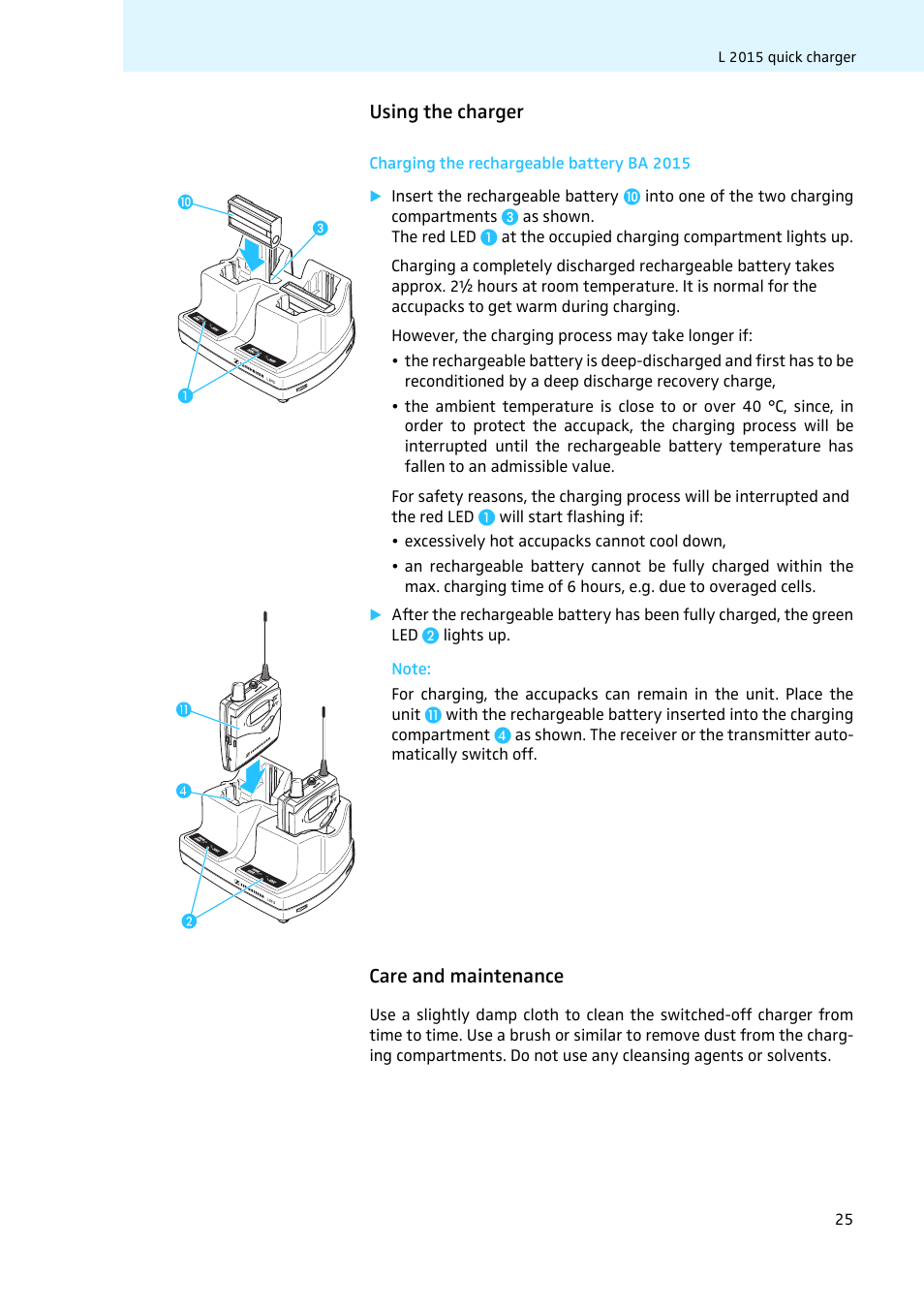 Using the charger, Charging the rechargeable battery ba 2015, Care and maintenance | Sennheiser LV308 User Manual | Page 25 / 60