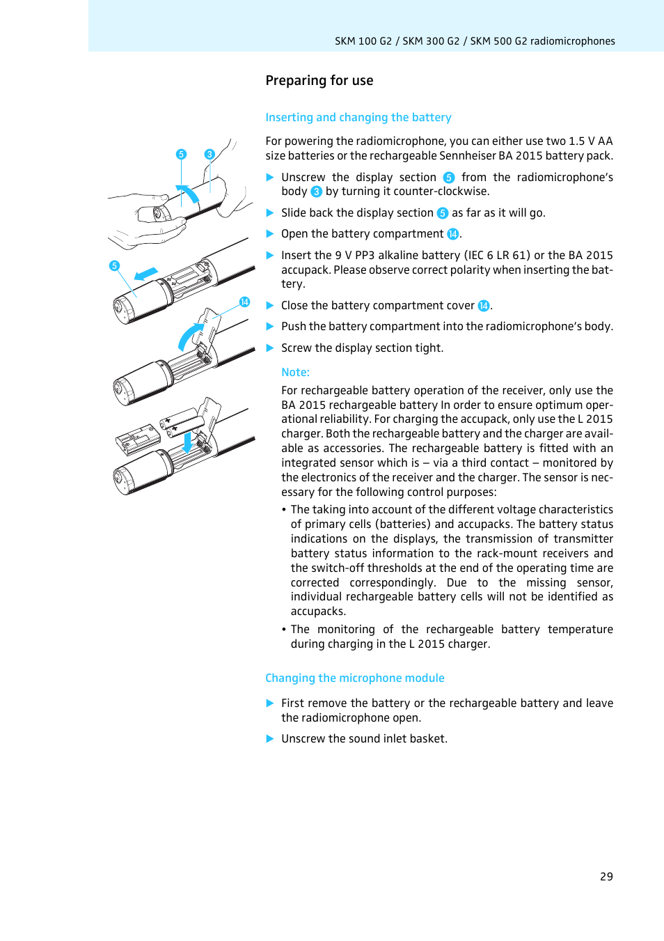 Preparing for use, Inserting and changing the battery, Changing the microphone module | Sennheiser LV308 User Manual | Page 29 / 60