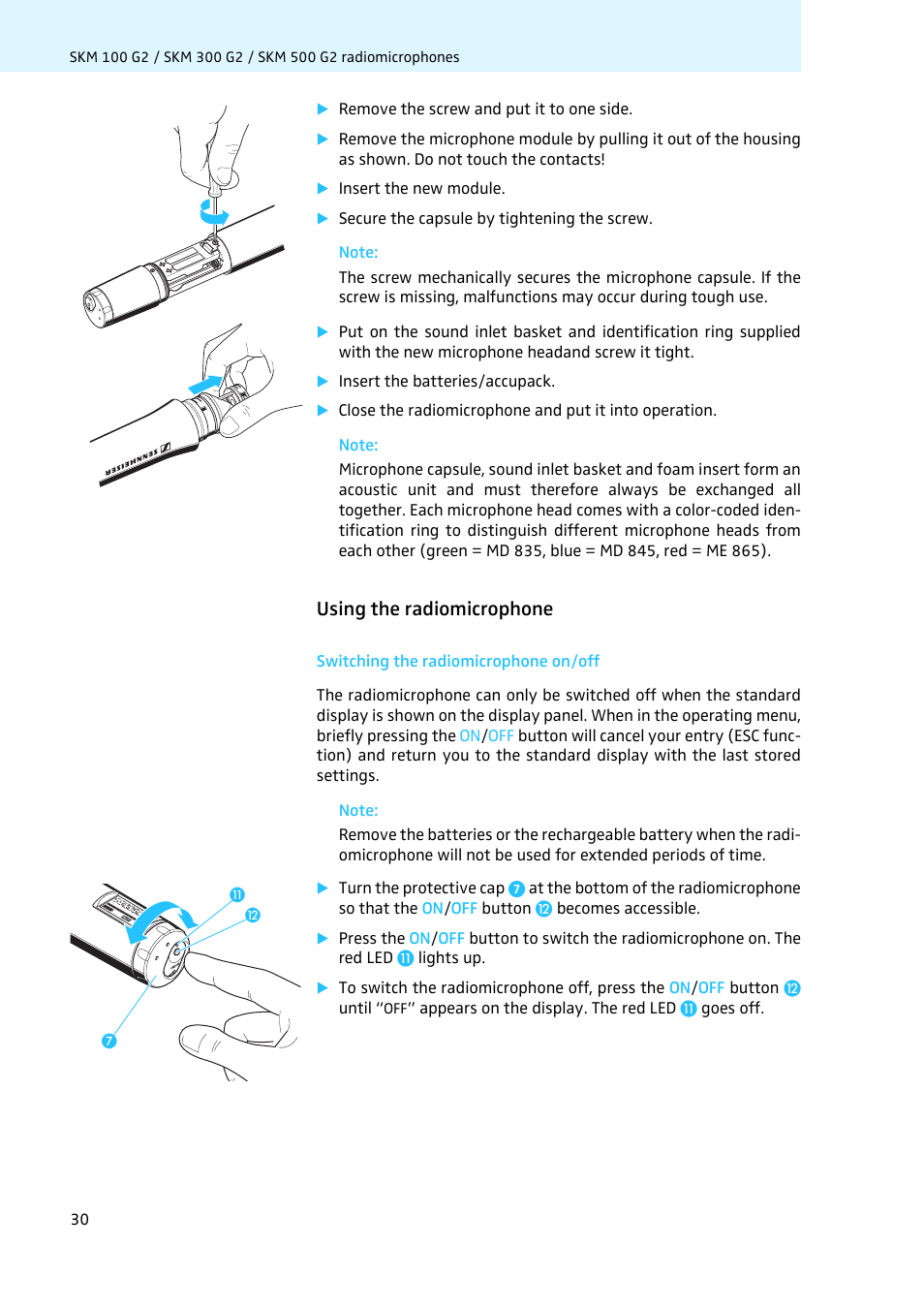 Using the radiomicrophone, Switching the radiomicrophone on/off | Sennheiser LV308 User Manual | Page 30 / 60