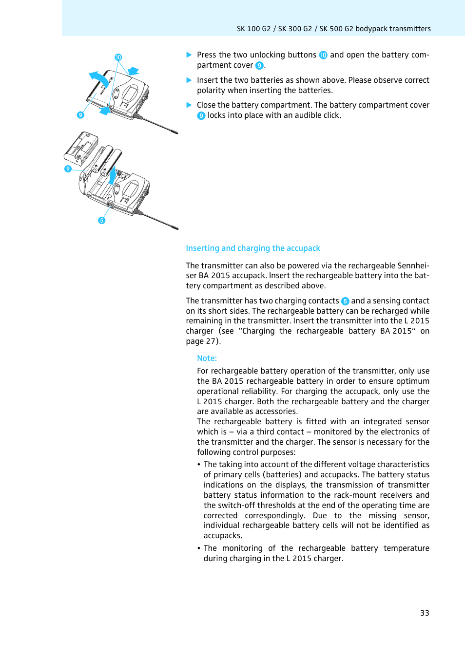 Inserting and charging the accupack | Sennheiser LV308 User Manual | Page 33 / 60