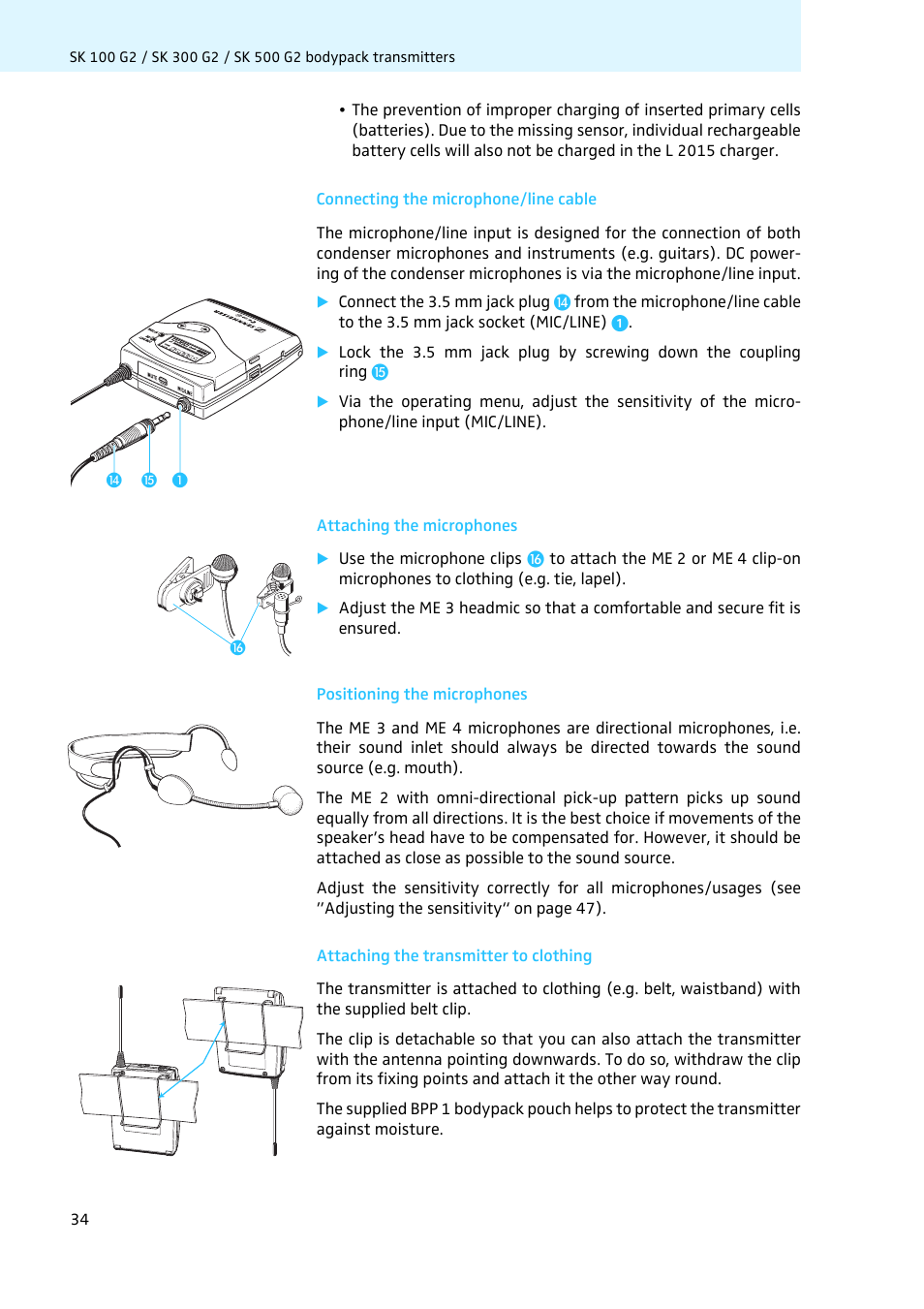 Connecting the microphone/line cable, Attaching the microphones, Positioning the microphones | Attaching the transmitter to clothing | Sennheiser LV308 User Manual | Page 34 / 60