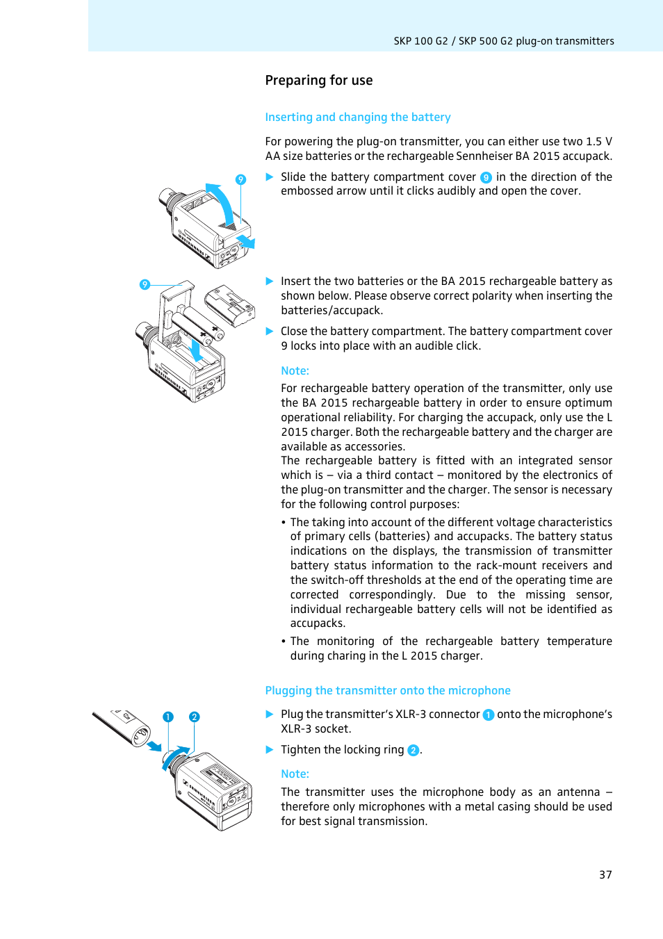 Preparing for use, Inserting and changing the battery, Plugging the transmitter onto the microphone | Sennheiser LV308 User Manual | Page 37 / 60