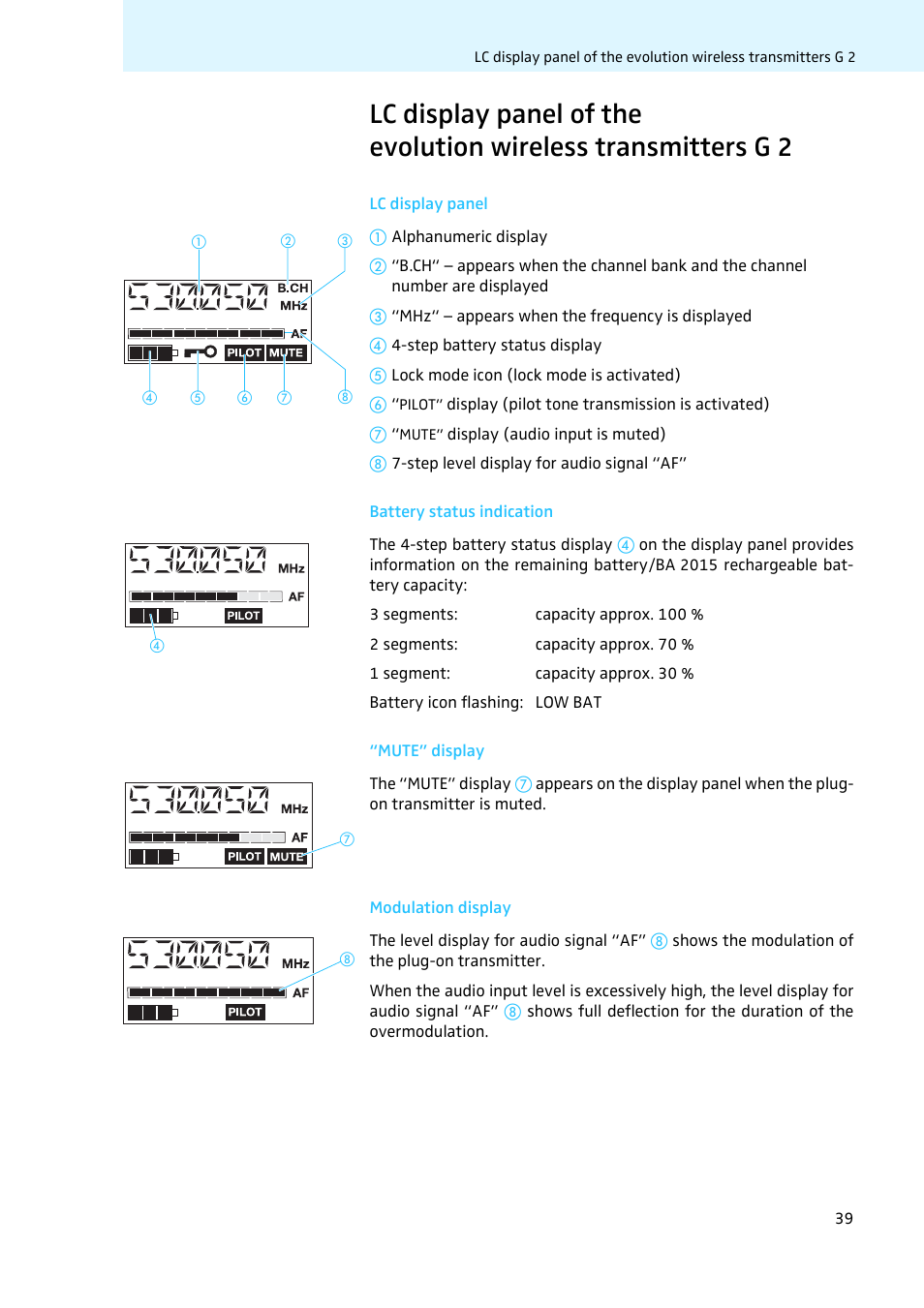 Lc display panel, Battery status indication, Mute” display | Modulation display | Sennheiser LV308 User Manual | Page 39 / 60
