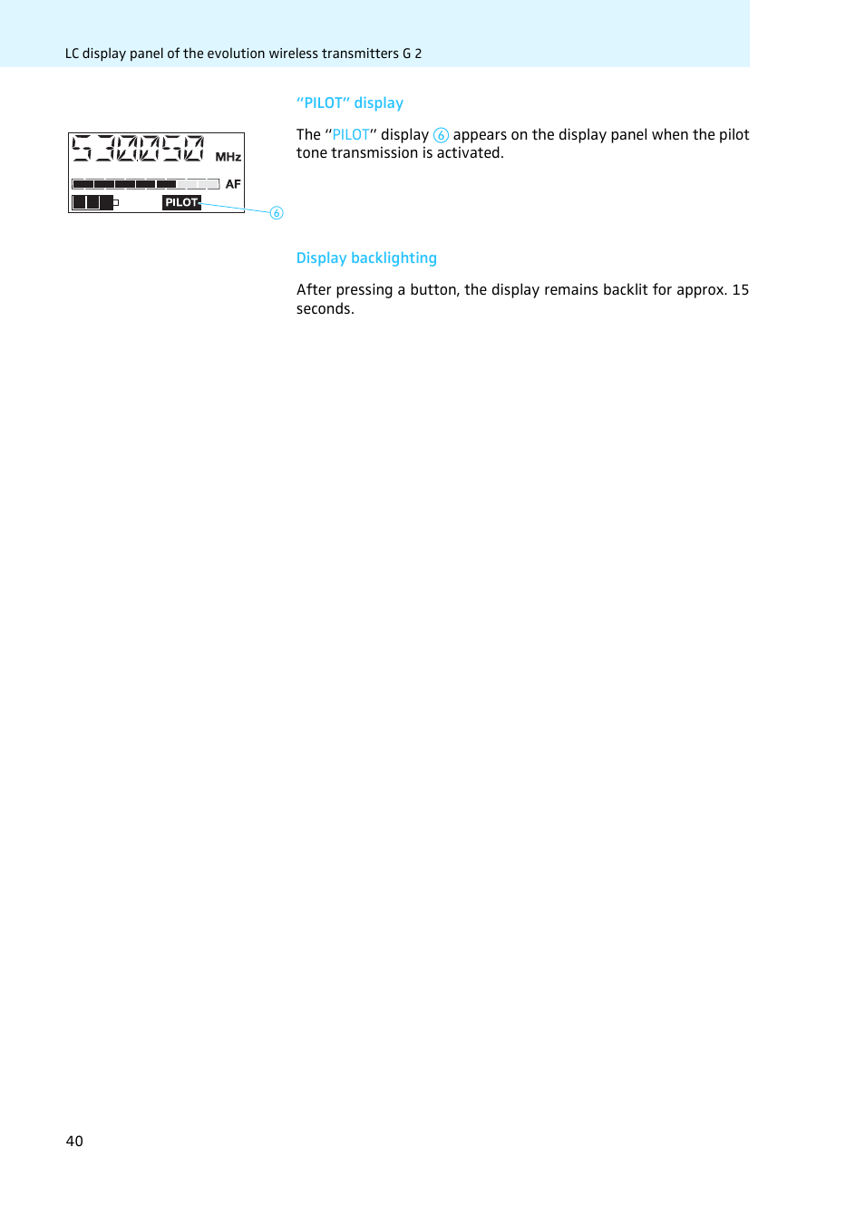 Pilot” display, Display backlighting | Sennheiser LV308 User Manual | Page 40 / 60