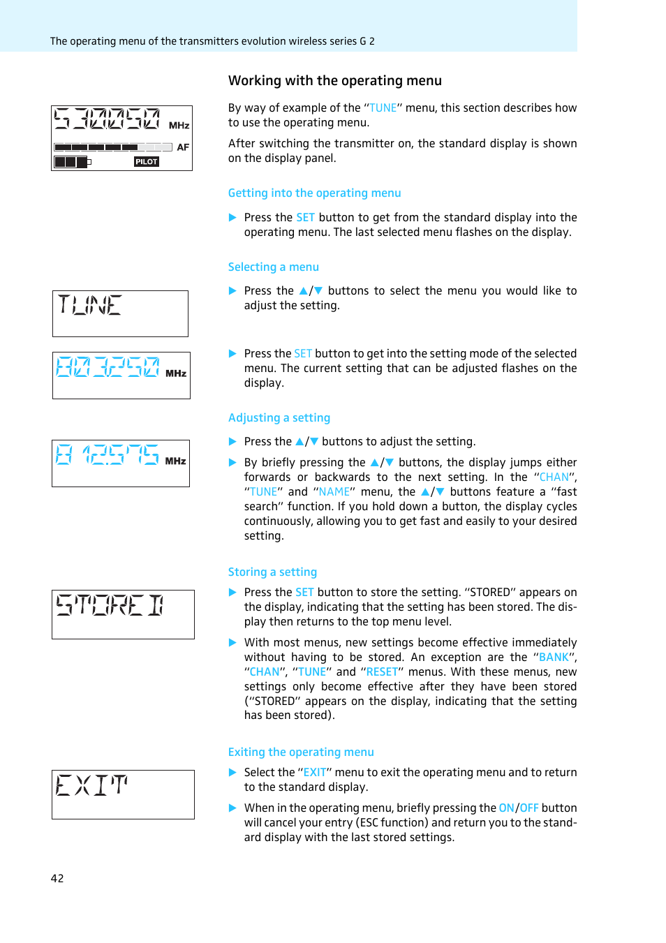 Working with the operating menu, Getting into the operating menu, Selecting a menu | Adjusting a setting, Storing a setting, Exiting the operating menu | Sennheiser LV308 User Manual | Page 42 / 60